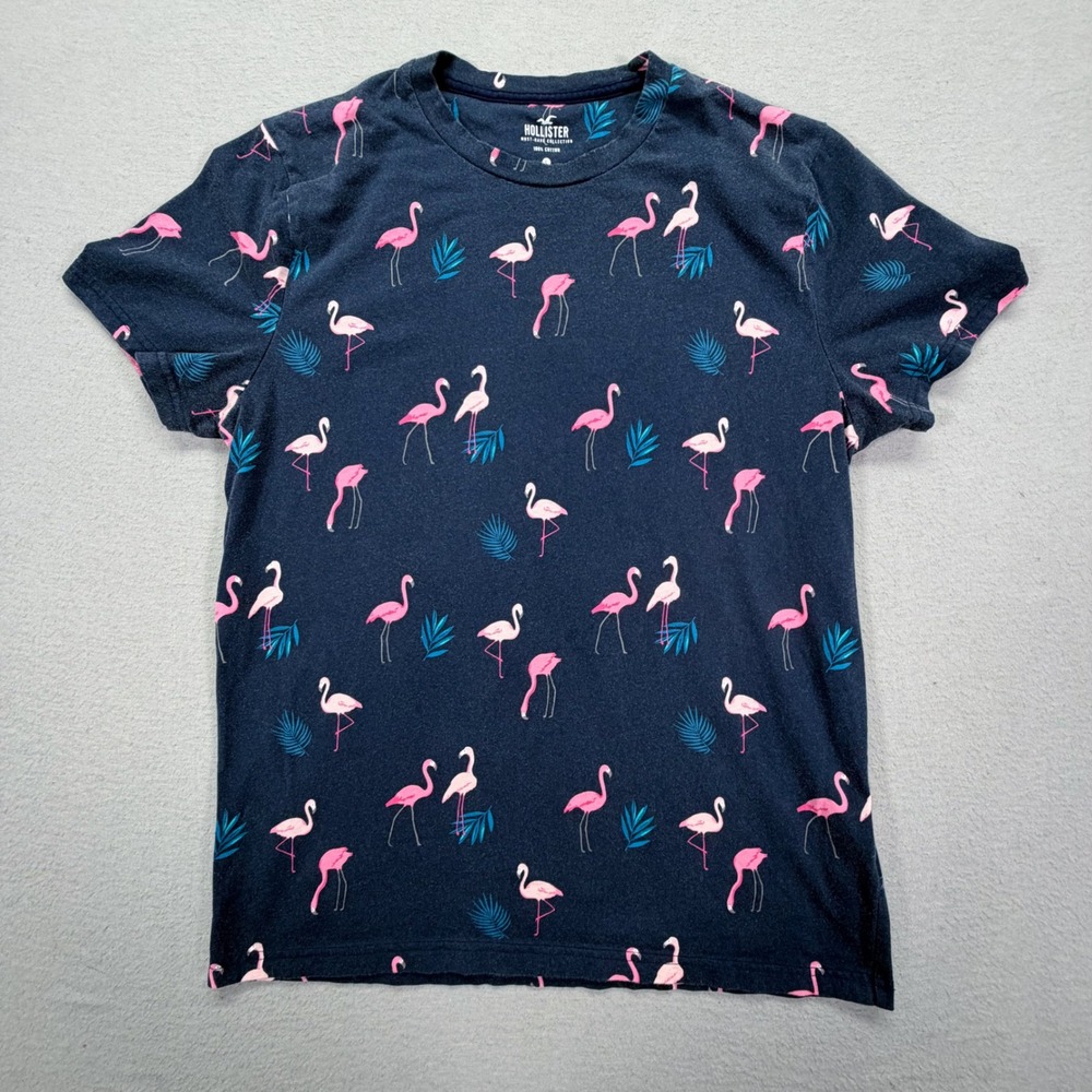 Hollister Flamingo Print T-Shirt Mens Large Good Navy Blue Tropical Cotton Tee